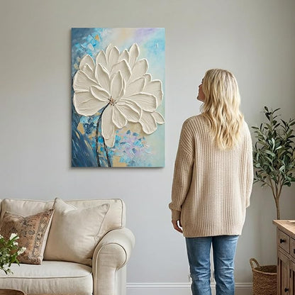 JUHOME Abstract Floral Wall Art – 24x36 Original Hand-Painted White Textured Flower Oil Painting, Modern Vertical Canvas Wall Decor Minimalist Canvas Wall Art for Living Room Bedroom Office