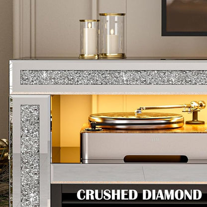 Mirrored Fireplace TV Stand with LED, Silver TV Console Table with Crushed Diamond for 65+ inch TV, Modern Media Entertainment Center with Storage for Living Room