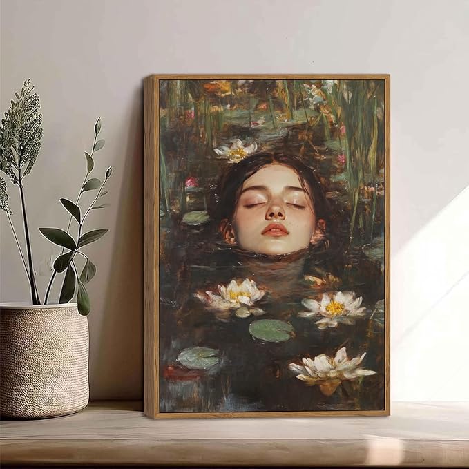 WALLZK Vintage Framed Wall Art Lotus Pool Canvas Prints Woman Portrait Artistic Painting Decor Artwork for Walls Living Room Bedroom Bathroom 12"x16"