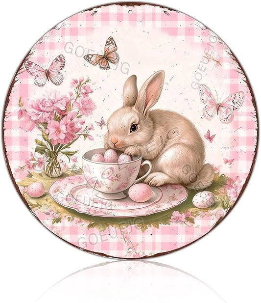Easter Bunny in a Tea Cup Wreath Metal Sign Rustic Farmhouse Design Floral Spring Decor For Front Door Wall Art 8X8Inch