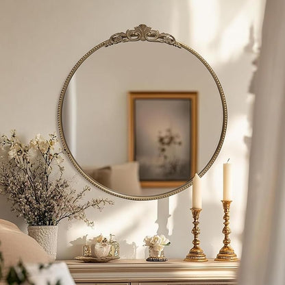 30‘’ Antique Gold Round Wall Mirror with Metal Flower Carving Frame, Small Vintage Retro Baroque Mirror Ornate, Vanity Mirror for Bathroom, Fireplace,Entryway, Living Room (round vindage gold
