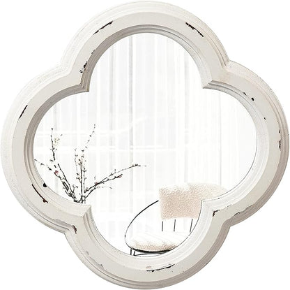Vintage Small Scalloped Wall Mirror Decorative 8.9 inch, Hanging Distressed White Rustic Quatrefoil Wooden Mirrors for Wall Decor Living Room, Farmhouse Clover Shape Floral Mirror