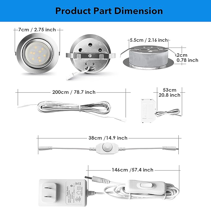 LED Puck Lights Wired Under Cabinet Lighting Dimmable,Round Cabinet Lights Plug In for Bookshelf,Kitchen Counter,Display Case,Curio,Ceiling,6000K Cold White,2.5In Hole Recess Mount,6W,480LM Total,3pcs