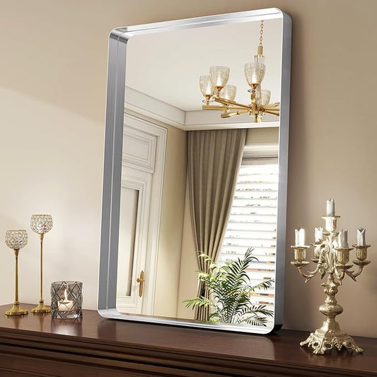 Easly Silver Bathroom Mirror for Wall, 36x24 Inch Rectangular Aluminum Alloy Framed Mirror, Modern Wall Mounted Vanity Mirror for Bathroom, Vertical or Horizontal