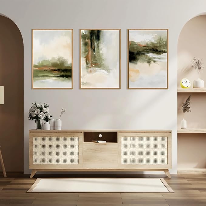 KAIRNE Green Abstract Neutral Framed Canvas Wall Art Set,Modern Watercolor Shapes Wall Decor,Minimalist Pastel Art Prints,Brown Gray Tan Artwork for Living Room,Bedroom,Farmhouse,Office-24 x36 x3