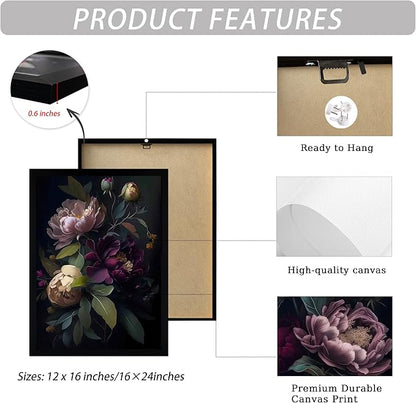 ICHZUMW Moody Peony Floral Canvas Wall Art Set of 3, Black Wood Framed Dark Academia Gothic Botanical Wall Decor, Ready to Hang Fade‑Resistant Flower Pictures for Bedroom Living Room Bathroom, 12×16in