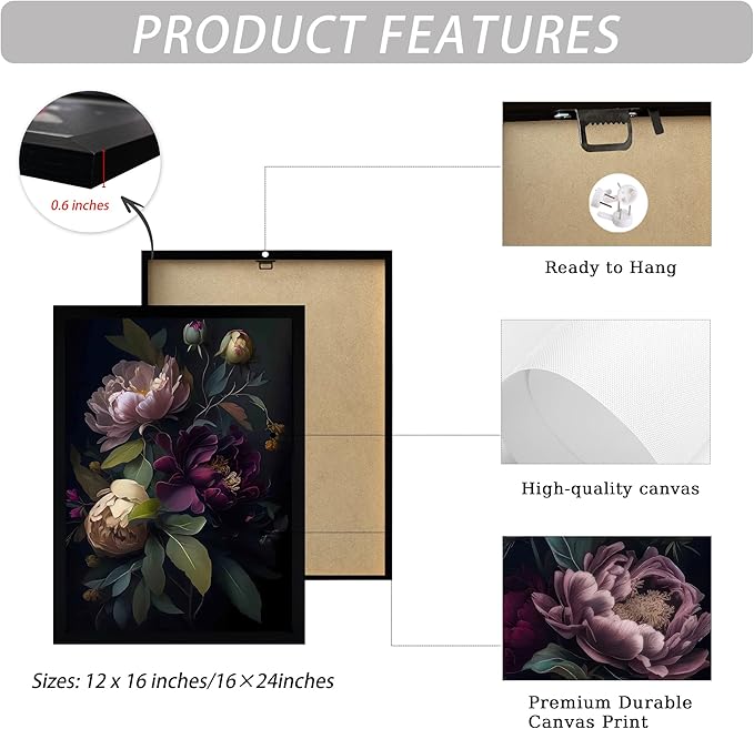 ICHZUMW Moody Peony Floral Canvas Wall Art Set of 3, Black Wood Framed Dark Academia Gothic Botanical Wall Decor, Ready to Hang Fade‑Resistant Flower Pictures for Bedroom Living Room Bathroom, 16×24in