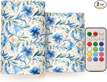ALAZA Flowers Floral Blue Flickering Flameless Candles Battery Operated with Remote Timer,Tea Light Candles LED Pillar Votive Candles Set of 2 for Outdoor Indoor Decorations