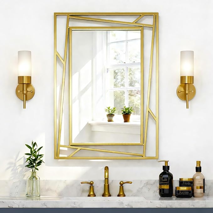 Brushed Gold Bathroom Mirror, 28''X20'' Rectangular Wall Mirrors with Geometric Metal Frame for Bathroom Bedroom Living Room, Hang Horizontally or Vertically