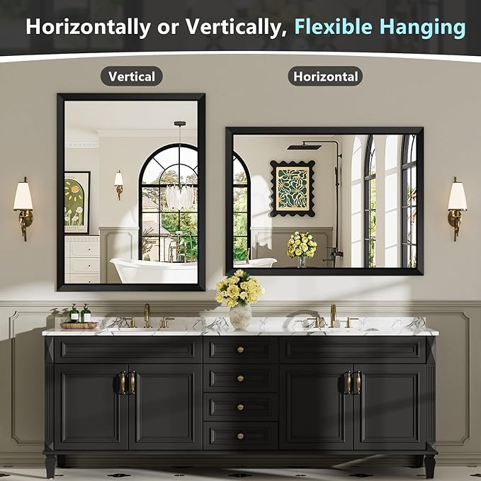 40x32 Inch Black Bathroom Mirror for Wall, Beveled Framed Rectangle Bathroom Vanity Mirrors for Over Sink, Bedroom, Living Room, Entryway, Anti-Rust, HD Tempered Glass, Horizontally/Vertically
