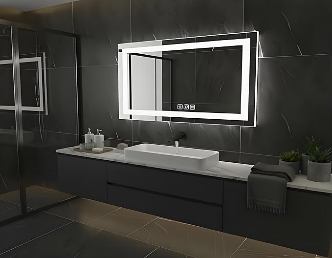 40 * 24inches Rectangle LED Mirror, Smart Bathroom Mirror with Lights, Anti-Fog, Tempered Glass, 3 Colors Dimmable, Front and Backlit, CRI 90+, Wall Mounted, Memory