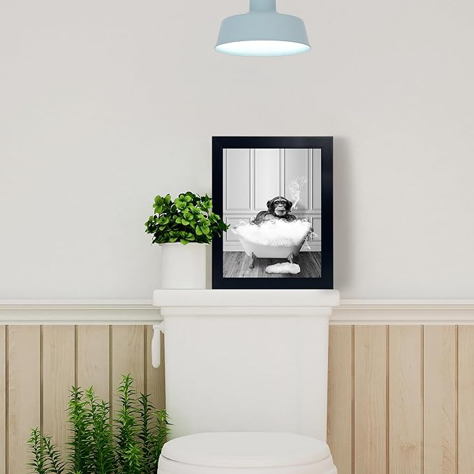 Monkey in Tub - Black and White Animals Wall Art - Framed Canvas Wall Art, Black Framed Picture for Bathroom Wall Decor, Chic Animal Art for Kid Room Wall