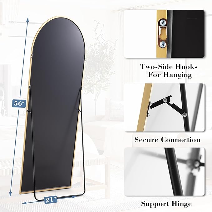 NEWBULIG Arched Mirror Full Length, 56"x15" Body Wall Mirrors with Shatter-Proof Glass, Upgraded Floor Standing Mirror, Hanging or Leaning, with Stand Aluminum Alloy Frame for Home Decor, Gold