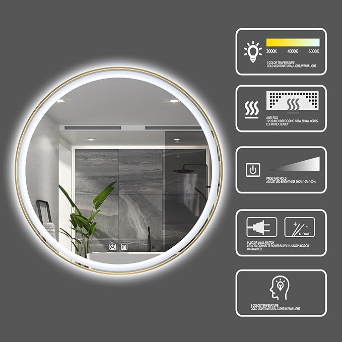 Itrue 36 Inch LED Bathroom Round Mirror, Gold Metal Frame, Adjustable Color Temp & Brightness,Anti-Fog,Shatter-Proof Tempered Vanity Mirror for Wall