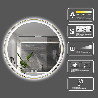 Itrue 36 Inch LED Bathroom Round Mirror, Gold Metal Frame, Adjustable Color Temp & Brightness,Anti-Fog,Shatter-Proof Tempered Vanity Mirror for Wall
