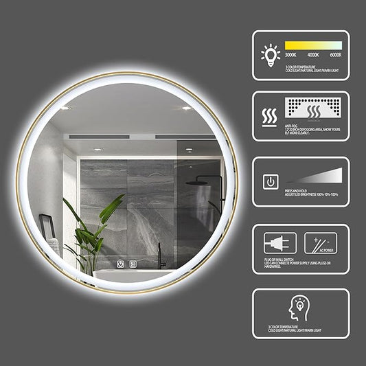 Itrue 36 Inch LED Bathroom Round Mirror, Gold Metal Frame, Adjustable Color Temp & Brightness,Anti-Fog,Shatter-Proof Tempered Vanity Mirror for Wall