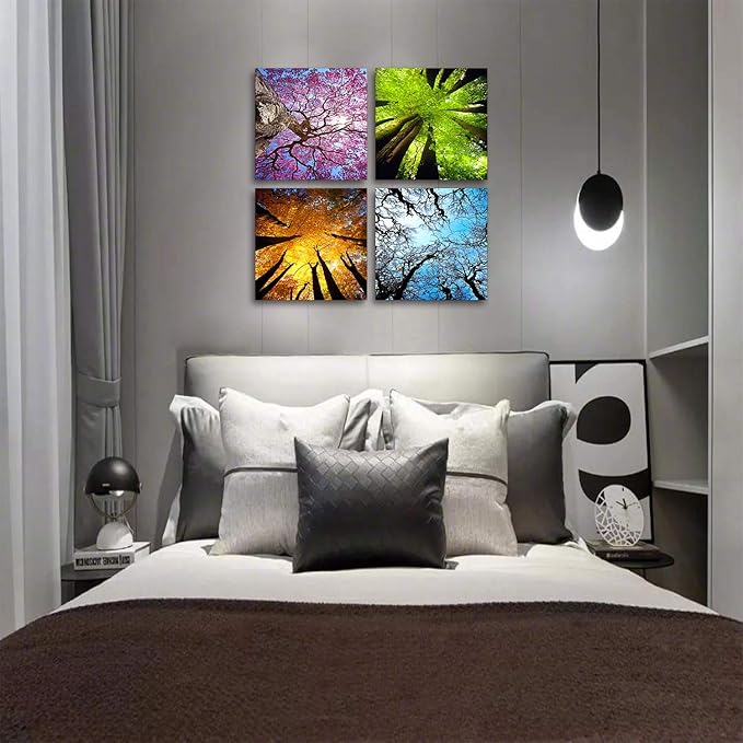 MESESE Art 4 Panels Canvas Wall Art Spring Summer Autumn Winter Four Seasons Landscape Color Tree Painting Picture Prints Modern Giclee Artwork Stretched and Framed for Living Room Home Decoration