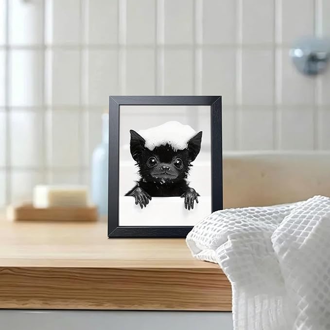 Funny Bat Bathroom Wall Art, Black and White Cute Animal Canvas Print Poster, Gothic Farmhouse Bat Wall Decor Painting, Humorous Halloween Restroom Picture Home Decoration 8x10 Inch Framed