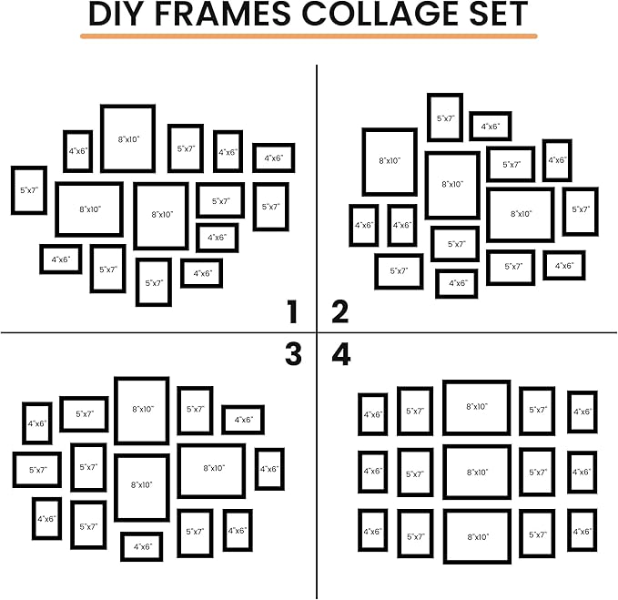 Venusmiles 15 Pack Picture Frames Collage Wall Decor, Gallery Frame Set for Wall Mounting or Tabletop Display, Multi Sizes Including 3pcs 8x10, 6pcs 5x7, 6pcs 4x6, Walnut
