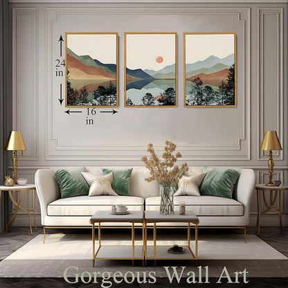 Bwodke Framed Wall Art Canvas Mountain Wall Art Set of 3 Boho Watercolor Nature Landscape Picture Decor Sun Forest Prints Artwork for Living Room Bedroom Office 16"x24"