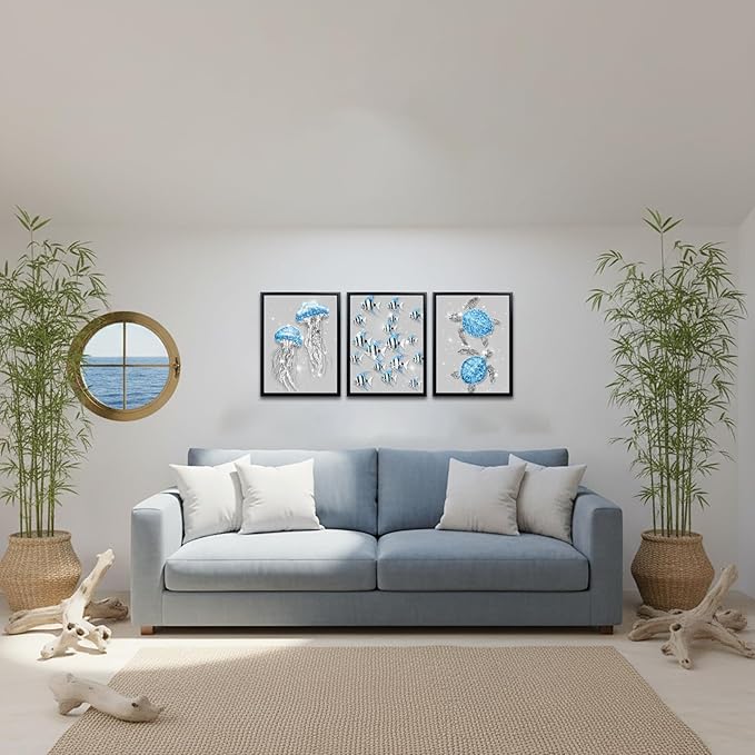 sechars Ocean Animal Wall Art Jellyfish Fish Sea Turtle Picture Prints Glam Blue and Grey Bathroom Decor Framed Artwork (Blue)