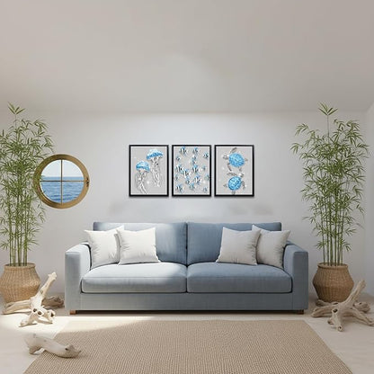 sechars Ocean Animal Wall Art Jellyfish Fish Sea Turtle Picture Prints Glam Blue and Grey Bathroom Decor Framed Artwork (Blue)