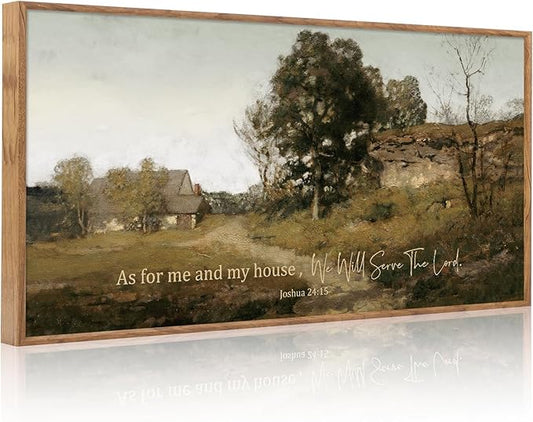 Aurlan As For Me and My House We Will Serve the Lord Wall Art(40"x20"), Farmhouse Jesus Christian Joshua 24:15 Bible Verse Scripture Canvas Artwork, Vintage Retro Cottage Country Nature Landscape Decor for Dining Room Home