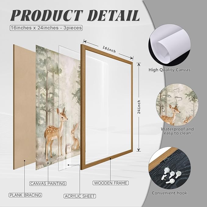 Woodland Nursery Wall Art Decor Animal Forest Canvas Prints Baby Boy Room Wall Decor Bear Nursery Nature Pictures Deer Prints Artwork for Boy Girl Kids Bedroom 16x24 Inch Wood Framed Set of 3