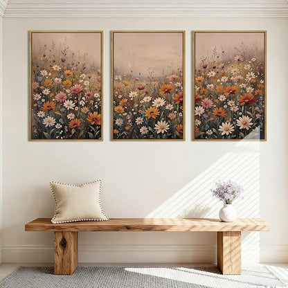 IARTTOP Extra Large Botanical Brown Framed Wall Art 24x36 Inch Set of 3 Vintage wildflower Art Prints Calming Nature Floral Landscape Wall Decor for Living Room Dining room Bedroom