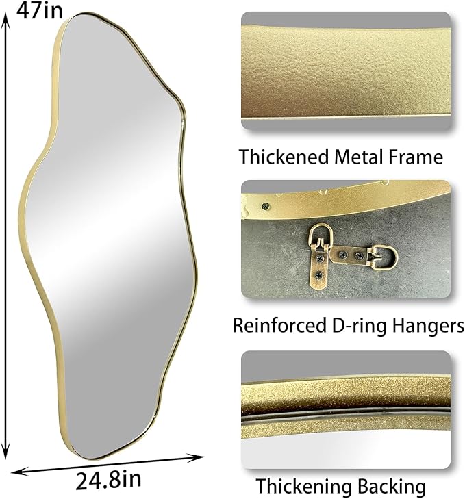Irregular Wall Mirror, 47.2"x21.5" Asymmetrical Mirror with Gold Metal Frame, Organic Shaped Mirrors for Living Room Bedroom Hallway Entryway Fireplace, Hangs Vertically or Horizontally