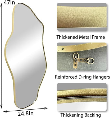 Irregular Wall Mirror, 47.2"x21.5" Asymmetrical Mirror with Gold Metal Frame, Organic Shaped Mirrors for Living Room Bedroom Hallway Entryway Fireplace, Hangs Vertically or Horizontally