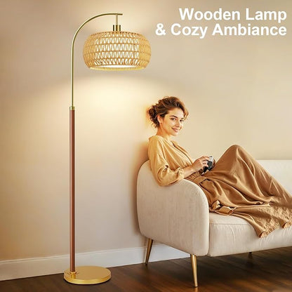 Wood Arc Floor Lamps for Living Room,Boho Rattan Floor Lamp with Remote Control & 3 Color Temperatures,Dimmable Mid Century Modern Standing Lamp Farmhouse Vintage Tall Floor Lamp For Bedroom Corner