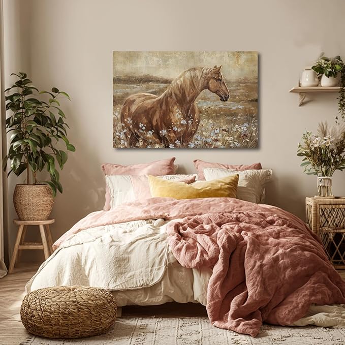 ZENPEE Horse Canvas Wall Art for Farmhouse Decor, Neutral Brown/Beige Equestrian Picture with Wildflower Meadow, Animal Artwork for Living Room Bedroom Office, Ready to Hang, 24 x 36 Inches