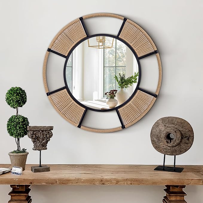 Round Wall Mirror for Wall Decor, 30.5'' Boho Mirror for Dining Room with Detachable Rattan and Black Metal Frame, Round Mirror for Living Room Bathroom Beach Decor