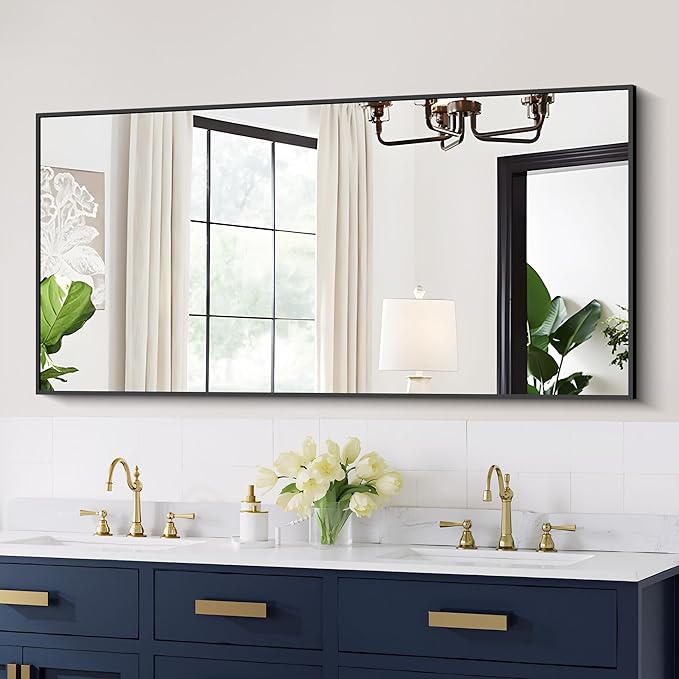 COFENY 48x24In Black Bathroom Mirror for Wall, Rectangle Mirrors with Metal Frame, Bathroom Rectangular Mirror Modern Wall Mirror for Bedroom Living Room, Entryway Hangs Horizontal or Vertical