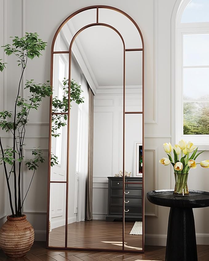 Antok 71" x 28" Full Length Mirror, Floor Mirror Arched Window Decorative Mirror, Metal Framed Decor Farmhouse Floor Mirrors Art Pane Mirrors Wall Decor for Bedroom, Living Room, Entryway Bronze