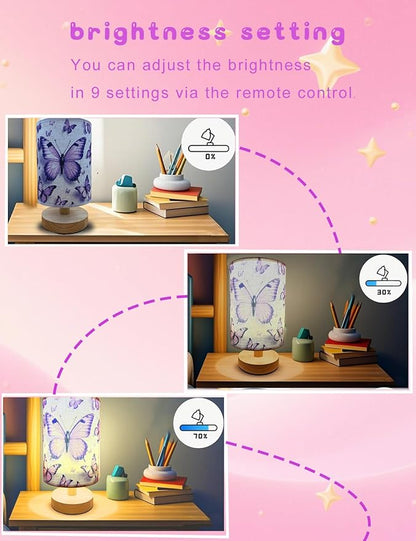 Butterfly Lamp, Kids Lamps for Bedrooms Girls, 3 Color Changing LED Night Light with 9 Brightness Levels Wood Nightstand Desk Base Flaxen Fabric Shade for Bedroom Living Room (Purple Butterfly)