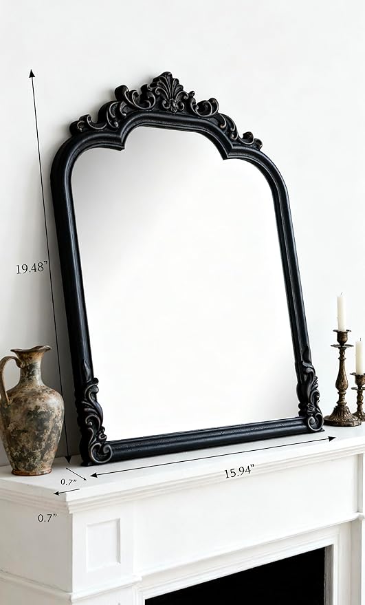 Black Arched Wall Mirror, Antique Baroque Wall Mirror Decoration, Fireplace/Entrance/Living Room/Bedroom/Kitchen/Farmhouse/Bathroom Home Decor。(Black)