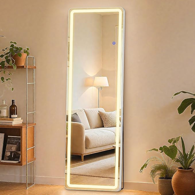 Sweetcrispy LED Full Length Mirror with Stand, 60"x16" Lighted Floor Body Mirror with Dimming & 3 Color Lighting, Hanging or Leaning, Floor Standing for Bedroom, Dressing Room