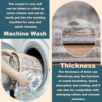CHAMPLANT Washable Area Rug 4'x6' Vintage Traditional Floor Cover Foldable Thin Rugs Retro Kitchen Indoor Distressed Non Slip Carpet Floral Print Mat Bedroom Living Room