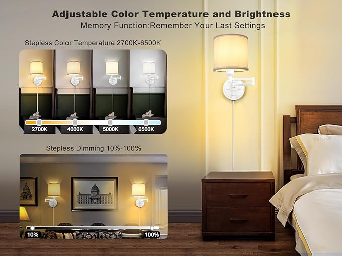 GOODATE Plug in Wall Sconces with Remote Control, Dimming, Adjustable Colors 2700K-6500K, Hardwire or Plug-in, Swing Arm Wall Lamp, Wall Sconces Set of Two, White Fabric Shade, White Finish