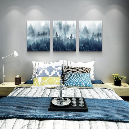 Lapremoly Wall Decorations - Framed Canvas Wall Art for Living Room, Bedroom & Office - Misty Forests Trees Landscape Pictures - 3 Piece Set