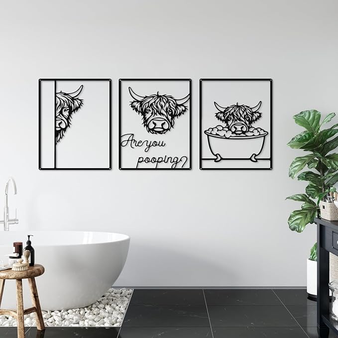 Otoolling 3 Pieces Metal Minimalist Line Kitchen Signs Wall Decor Drawing Rustic Bathroom Wall Art for Dining Living Room Bathroom Home, 14 x 11 Inches(Highland Cow,Black)