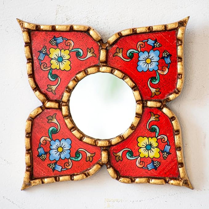 Handmade Peruvian Mirror - Reverse Painted Glass Mirror - Square or Diamond Shaped Wall Mirror with Bronze Leaf - Small Mirrors for Gallery Wall (Red)