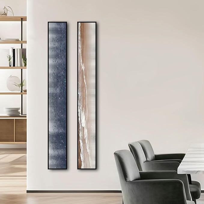 Large Framed Long Narrow Vertical Abstract Wall Art Set of 2, Premium Crystal Porcelain Canvas Prints, Navy Blue Gold Modern Design - Perfect for Entryway, Hallway, Living Room, Bedroom - 63x10 inch
