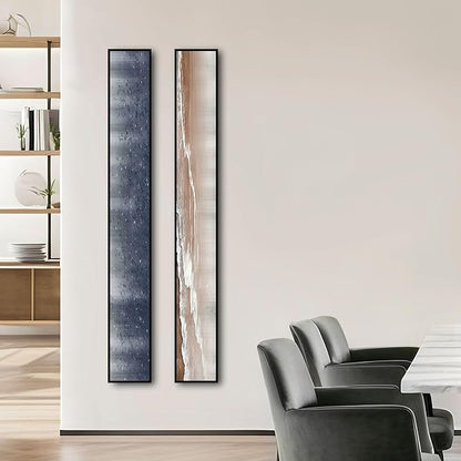 Large Framed Long Narrow Vertical Abstract Wall Art Set of 2, Premium Crystal Porcelain Canvas Prints, Navy Blue Gold Modern Design - Perfect for Entryway, Hallway, Living Room, Bedroom - 63x10 inch