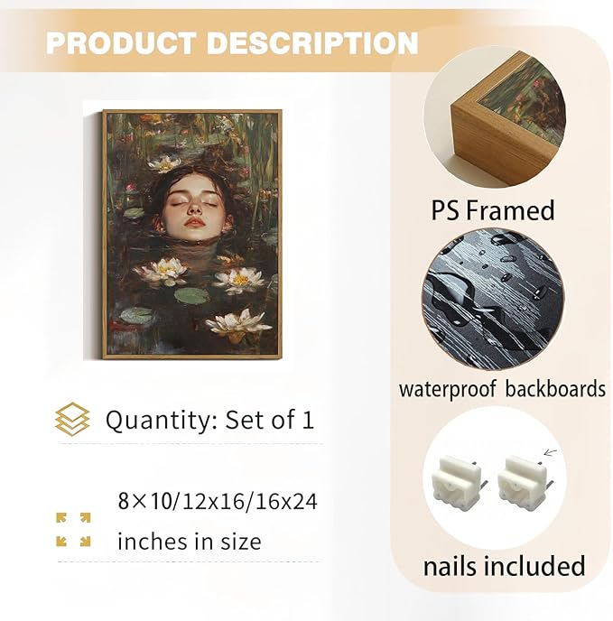 WALLZK Vintage Framed Wall Art Lotus Pool Canvas Prints Woman Portrait Artistic Painting Decor Artwork for Walls Living Room Bedroom Bathroom 16"x24"