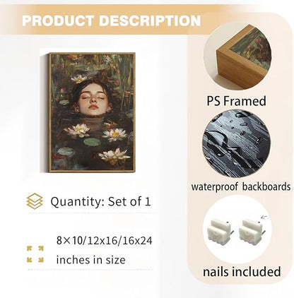 WALLZK Vintage Framed Wall Art Lotus Pool Canvas Prints Woman Portrait Artistic Painting Decor Artwork for Walls Living Room Bedroom Bathroom 8"x10"