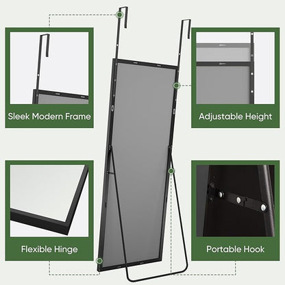 Suidia Full Length Mirror Over the Door&Wall Mounted, 48"x14" Door Mirror with Aluminum Alloy Frame, HD Shatterproof, No-Drill, Hanging Mirrors for Bedroom, Bathroom, Dorm, Closet, Rect, Black