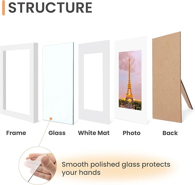 upsimples 8x10 Picture Frame Set of 3, Made of High Definition Glass for 5x7 with Mat or 8x10 Without Mat, Wall Mounting Photo Frames, White